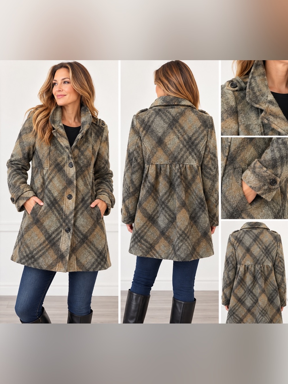 Zara Woman Wool Blend Plaid Coat Olive Gray Size S